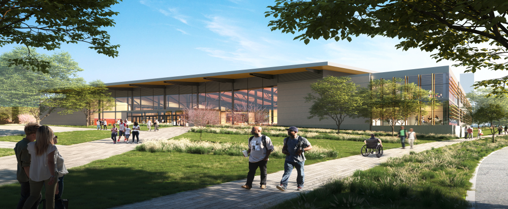 Rendering of students outside the IUI Athletics facility